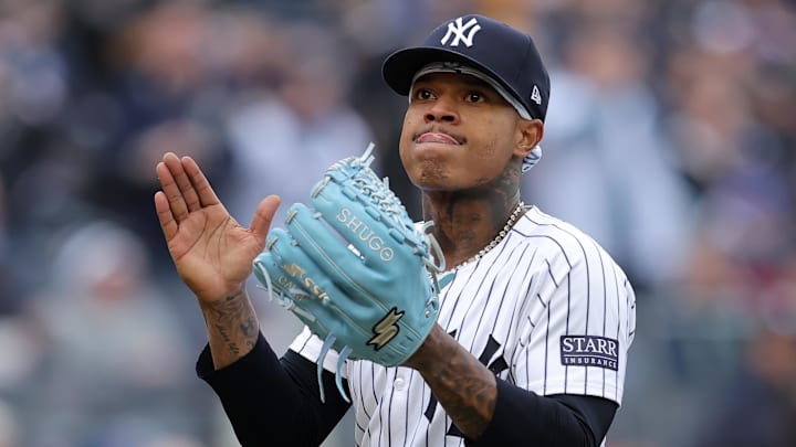 Apr 5, 2024; Bronx, New York, USA; New York Yankees starting pitcher Marcus Stroman (0) reacts Apr 5, 2024; Bronx, New York, USA; New York Yankees starting pitcher Marcus Stroman (0) reacts