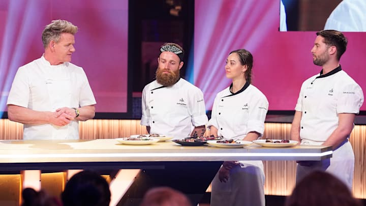 HELL’S KITCHEN: L-R: Host/chef Gordon Ramsay with contestants in the “Then There Were Two” two-hour season finale of HELL’S KITCHEN airing Thursday, Jan 25 (8:00-10:00 PM ET/PT) on FOX. © 2024 FOX MEDIA LLC. CR: FOX.