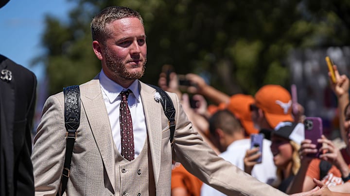 Texas Longhorns quarterback Quinn Ewers arrives at the stadium ahead of the game against Mississippi State at Darrell K Royal-Texas Memorial Stadium in Austin Saturday, Sept. 28, 2024. Texas Longhorns quarterback Quinn Ewers arrives at the stadium ahead of the game against Mississippi State at Darrell K Royal-Texas Memorial Stadium in Austin Saturday, Sept. 28, 2024.