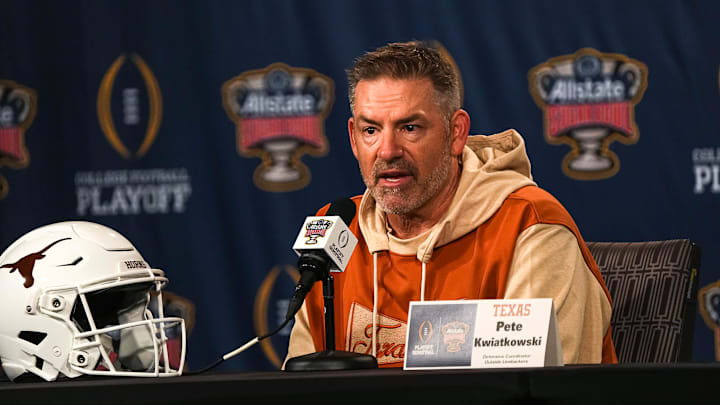 Texas Longhorns defensive coordinator Pete Kwiatkowski speaks to media at the Sheraton Hotel on Thursday, Dec. 28, 2023 in New Orleans, Louisiana. The Texas Longhorns will face the Washington Huskies in the Sugar Bowl on January 1, 2024.