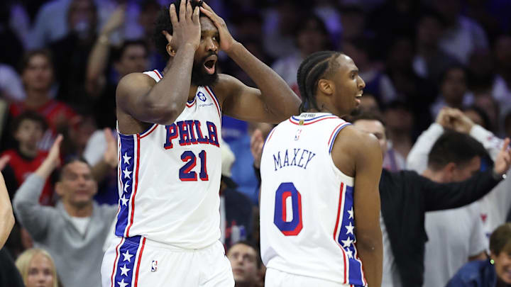 May 8, 2026; Philadelphia, Pennsylvania, USA; Philadelphia 76ers center Joel Embiid (21) reacts next to guard Tyrese Maxey (0) after a foul call during the third quarter of game three of the second round of the 2026 NBA Playoffs against the New York Knicks at Xfinity Mobile Arena. Mandatory Credit: Bill Streicher-Imagn Images