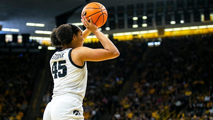 Iowa forward Hannah Stuelke (45) shoots the ball during a NCAA Big Ten Conference women's basketball game against Indiana, Sunday, Feb. 26, 2023, at Carver-Hawkeye Arena in Iowa City, Iowa.