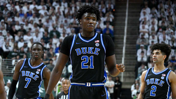 Dec 6, 2025; East Lansing, Michigan, USA;  Duke Blue Devils center Patrick Ngongba (21) during the first half against the Michigan State Spartans at Jack Breslin Student Events Center. 