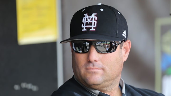 Mississippi State head baseball coach Chris Lemonis watches his team warm up prior to the game. Mississippi State defeated Auburn in the opening round of the NCAA College World Series on Sunday, June 16.2019 at TD Ameritrade Park in Omaha.

Msu Auburn College World Series