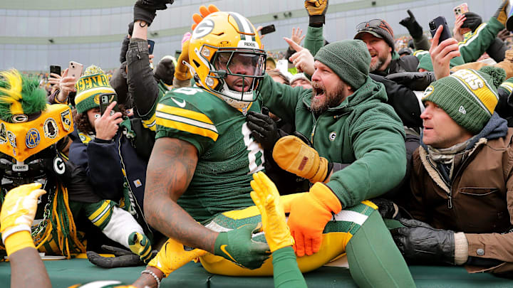 Green Bay Packers running back Josh Jacobs (8) celebrates after scoring a touchdown against the Chicago Bears on Sunday, January 5, 2024 at Lambeau Field in Green Bay, Wis. 
Wm. Glasheen USA TODAY NETWORK-Wisconsin