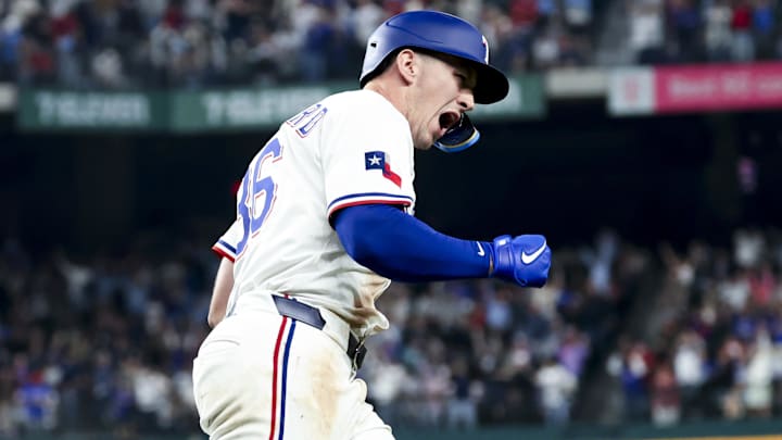 Apr 5, 2025; Arlington, Texas, USA; Texas Rangers left fielder Wyatt Langford (36) reacts after hitting a two-run home run during the seventh inning against the Tampa Bay Rays at Globe Life Field. Apr 5, 2025; Arlington, Texas, USA; Texas Rangers left fielder Wyatt Langford (36) reacts after hitting a two-run home run during the seventh inning against the Tampa Bay Rays at Globe Life Field.