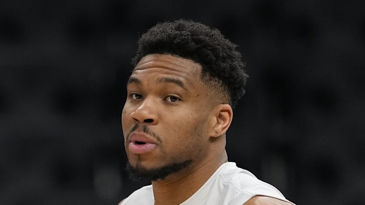 Milwaukee Bucks forward Giannis Antetokounmpo (34) during warmups prior to the game against the San Antonio Spurs at Fiserv Forum on March 28, 2026.