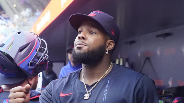 Toronto Blue Jays first baseman Vladimir Guerrero Jr. (27) in the dugout before the game against the Detroit Tigers at Rogers Centre on July 19. Toronto Blue Jays first baseman Vladimir Guerrero Jr. (27) in the dugout before the game against the Detroit Tigers at Rogers Centre on July 19.