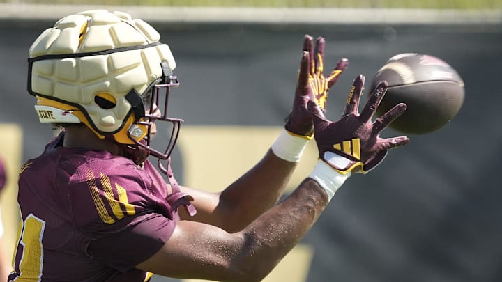 Arizona State wide receiver Uriah Neloms (81) runs a drill during football practice at Kajikawa practice fields in Tempe on Aug 1, 2025.