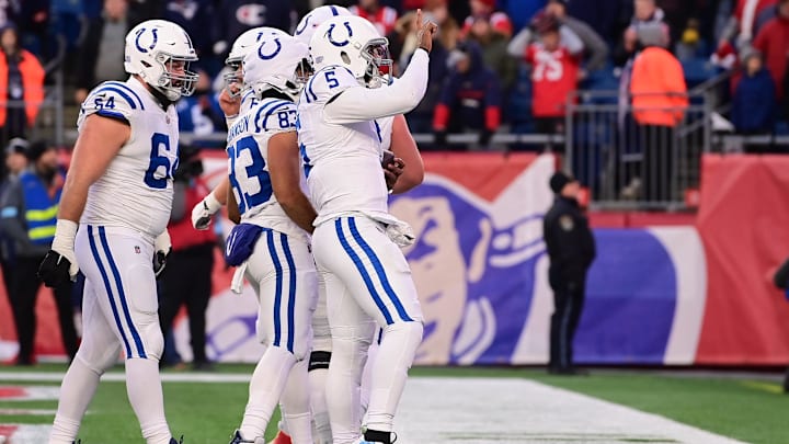 Dec 1, 2024; Foxborough, Massachusetts, USA; Indianapolis Colts quarterback Anthony Richardson (5) celebrates after scoring on a two point conversion to beat the New England Patriots at Gillette Stadium. Mandatory Credit: Eric Canha-Imagn Images Dec 1, 2024; Foxborough, Massachusetts, USA; Indianapolis Colts quarterback Anthony Richardson (5) celebrates after scoring on a two point conversion to beat the New England Patriots at Gillette Stadium. Mandatory Credit: Eric Canha-Imagn Images
