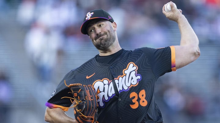 May 13, 2025; San Francisco, California, USA; San Francisco Giants starting pitcher Robbie Ray (38) throws against the Arizona Diamondbacks during the first inning at Oracle Park. 