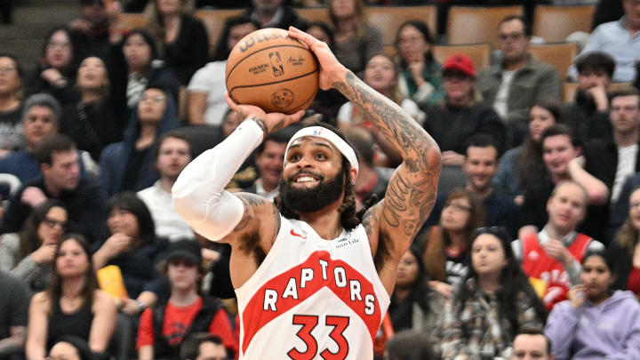 Apr 9, 2024; Toronto, Ontario, CAN;   Toronto Raptors guard Gary Trent Jr. (33) shoots the ball against the Indiana Pacers in the first half at Scotiabank Arena. Mandatory Credit: Dan Hamilton-USA TODAY Sports