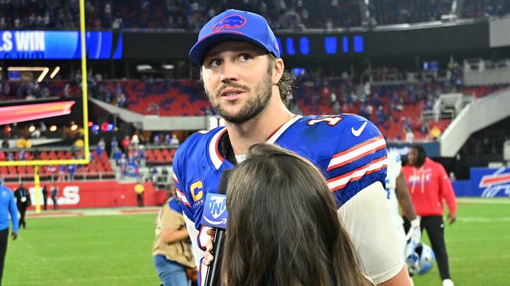 Sep 17, 2026; Orchard Park, New York, USA; Buffalo Bills quarterback Josh Allen (17) is interviewed after the game against the Detroit Lions at New Highmark Stadium. Sep 17, 2026; Orchard Park, New York, USA; Buffalo Bills quarterback Josh Allen (17) is interviewed after the game against the Detroit Lions at New Highmark Stadium.