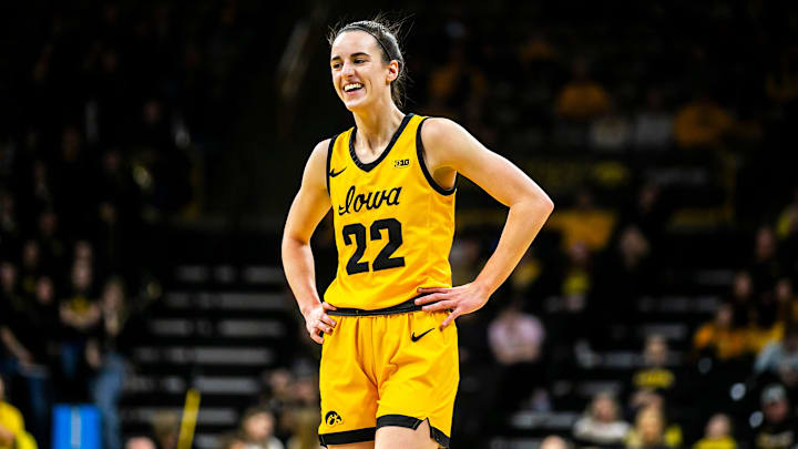 Iowa guard Caitlin Clark smiles during a NCAA Big Ten Conference women's basketball game against Penn State, Saturday, Jan. 14, 2023, at Carver-Hawkeye Arena in Iowa City, Iowa.