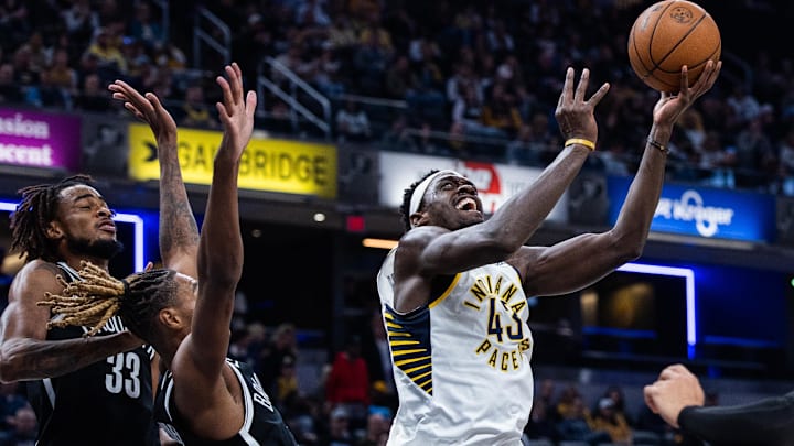 Nov 5, 2025; Indianapolis, Indiana, USA; Indiana Pacers forward Pascal Siakam (43) shoots the ball while Brooklyn Nets forward/center Noah Clowney (21) defends in the first half  at Gainbridge Fieldhouse. Mandatory Credit: Trevor Ruszkowski-Imagn Images