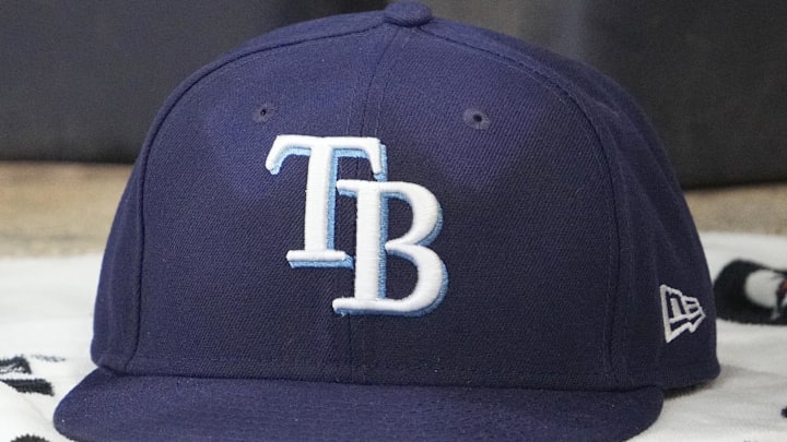 Mar 30, 2026; Milwaukee, Wisconsin, USA; A detailed view of the Tampa Bay Rays hat at American Family Field. Mar 30, 2026; Milwaukee, Wisconsin, USA; A detailed view of the Tampa Bay Rays hat at American Family Field.