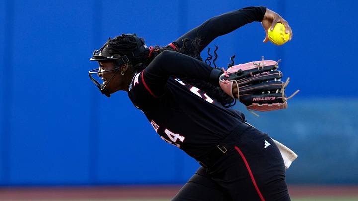 Texas Tech Red Raiders pitcher NiJaree Canady (24) throws a pitch during Game 1 of the NCAA softball Women's College World Series finals between the Texas Longhorns and the Texas Tech Red Raiders at Devon Park in Oklahoma City, Wednesday, June 3, 2026. Texas Tech Red Raiders pitcher NiJaree Canady (24) throws a pitch during Game 1 of the NCAA softball Women's College World Series finals between the Texas Longhorns and the Texas Tech Red Raiders at Devon Park in Oklahoma City, Wednesday, June 3, 2026.
