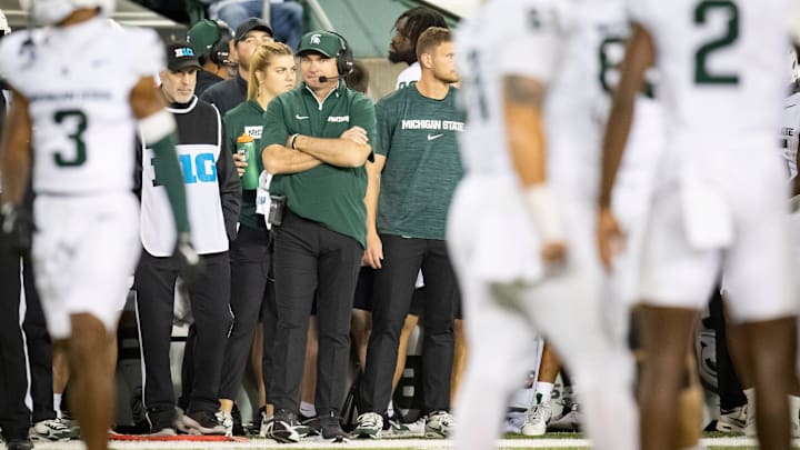 Michigan State Spartans head coach Jonathan Smith looks on as the Ducks host the Spartans Friday, Oct. 4, 2024 at Autzen Stadium in Eugene, Ore.