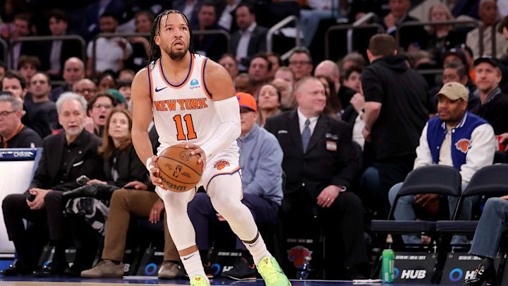 Mar 25, 2024; New York, New York, USA; New York Knicks guard Jalen Brunson (11) looks to shoot a three point shot against the Detroit Pistons during the second quarter at Madison Square Garden. Mandatory Credit: Brad Penner-Imagn Images