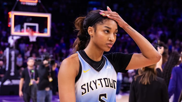 Aug 28, 2025; Phoenix, Arizona, USA; Chicago Sky forward Angel Reese (5) reacts as she walks off the court after losing to the Phoenix Mercury at Phx Arena. Mandatory Credit: Mark J. Rebilas-Imagn Images Aug 28, 2025; Phoenix, Arizona, USA; Chicago Sky forward Angel Reese (5) reacts as she walks off the court after losing to the Phoenix Mercury at Phx Arena. Mandatory Credit: Mark J. Rebilas-Imagn Images