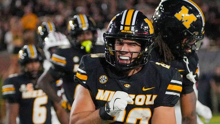 Sep 20, 2025; Columbia, Missouri, USA; Missouri Tigers linebacker Nicholas Rodriguez (20) celebrates after a play against the South Carolina Gamecocks during the second half of the game at Faurot Field at Memorial Stadium. Mandatory Credit: Denny Medley-Imagn Images Sep 20, 2025; Columbia, Missouri, USA; Missouri Tigers linebacker Nicholas Rodriguez (20) celebrates after a play against the South Carolina Gamecocks during the second half of the game at Faurot Field at Memorial Stadium. Mandatory Credit: Denny Medley-Imagn Images