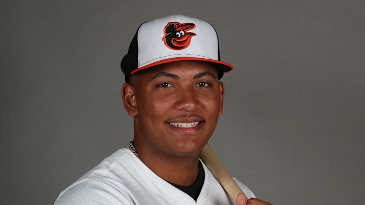 Feb 19, 2025; Sarasota, FL, USA; Baltimore Orioles catcher Samuel Basallo (72) poses for photo during media day at Ed Smith Stadium. Mandatory Credit: Kim Klement Neitzel-Imagn Images