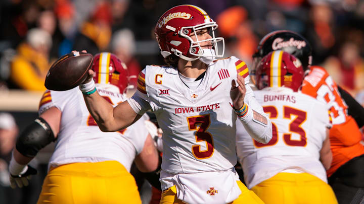 Nov 29, 2025; Stillwater, Oklahoma, USA; Iowa State Cyclones quarterback Rocco Becht (3) passes during the second half against the Oklahoma State Cowboys at Boone Pickens Stadium. Mandatory Credit: William Purnell-Imagn Images