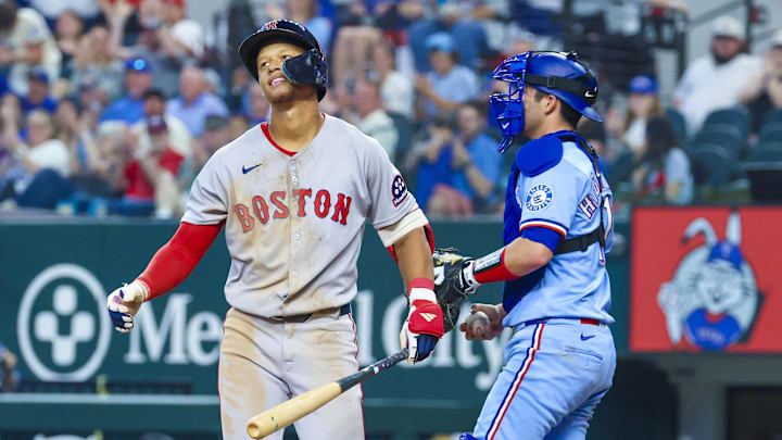 Mar 30, 2025; Arlington, Texas, USA; Boston Red Sox second baseman Kristian Campbell (28) reacts after striking out during the eighth inning against the Texas Rangers at Globe Life Field. Mandatory Credit: Kevin Jairaj-Imagn Images Mar 30, 2025; Arlington, Texas, USA; Boston Red Sox second baseman Kristian Campbell (28) reacts after striking out during the eighth inning against the Texas Rangers at Globe Life Field. Mandatory Credit: Kevin Jairaj-Imagn Images