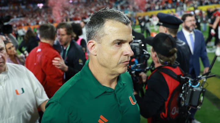 Jan 19, 2026; Miami Gardens, FL, USA; Miami Hurricanes head coach Mario Cristobal reacts after the College Football Playoff National Championship game at Hard Rock Stadium. Mandatory Credit: Mark J. Rebilas-Imagn Images