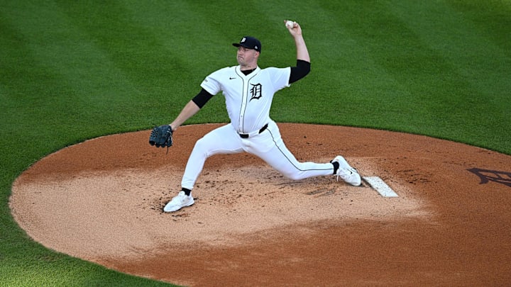 Jun 29, 2025; Detroit, Michigan, USA; Detroit Tigers starting pitcher Tarik Skubal (29)] throws a pitch against the Minnesota Twins