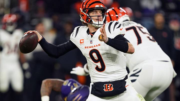 Nov 27, 2025; Baltimore, Maryland, USA; Cincinnati Bengals quarterback Joe Burrow (9) drops back to pass against the Baltimore Ravens during the first half at M&T Bank Stadium. Mandatory Credit: Mitch Stringer-Imagn Images Nov 27, 2025; Baltimore, Maryland, USA; Cincinnati Bengals quarterback Joe Burrow (9) drops back to pass against the Baltimore Ravens during the first half at M&T Bank Stadium. Mandatory Credit: Mitch Stringer-Imagn Images