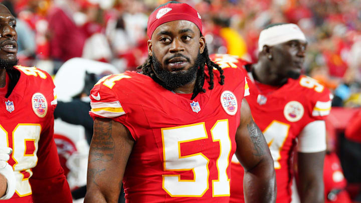 Oct 7, 2024; Kansas City, Missouri, USA; Kansas City Chiefs defensive end Mike Danna (51) on the sidelines against the New Orleans Saints during the game at GEHA Field at Arrowhead Stadium. Mandatory Credit: Denny Medley-Imagn Images
