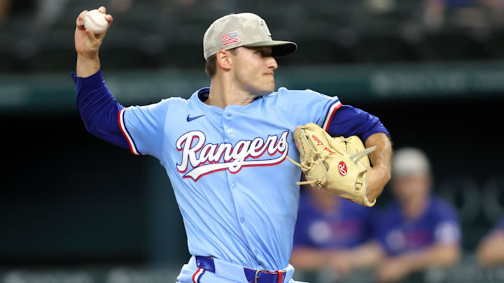 May 18, 2025; Arlington, Texas, USA; Texas Rangers pitcher Jack Leiter (35) throws a pitch during the first inning against the Houston Astros at Globe Life Field. May 18, 2025; Arlington, Texas, USA; Texas Rangers pitcher Jack Leiter (35) throws a pitch during the first inning against the Houston Astros at Globe Life Field.