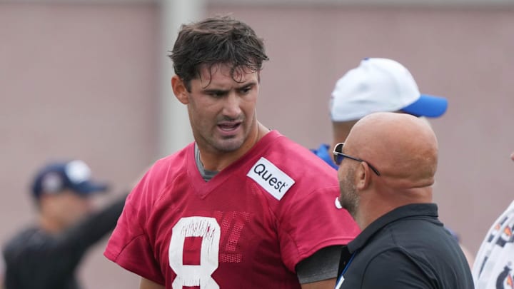 Quarterback, Daniel Jones and head coach Brian Daboll during the first day of training camp for the 2024 New York Giants on July 24. 