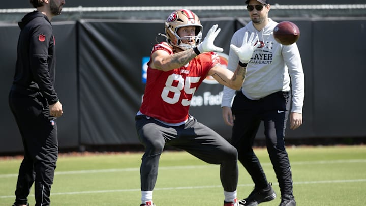 Jun 10, 2025; Santa Clara, CA, USA; San Francisco 49ers tight end George Kittle (85) works out with his teammates during an OTA at Levi's Stadium. Mandatory Credit: D. Ross Cameron-Imagn Images