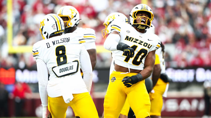 Nov 22, 2025; Norman, Oklahoma, USA;  Missouri Tigers linebacker Josiah Trotter (40) reacts during the first quarter against the Oklahoma Sooners at Gaylord Family-Oklahoma Memorial Stadium. Mandatory Credit: Kevin Jairaj-Imagn Images
