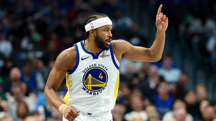 Mar 23, 2026; Dallas, Texas, USA;  Golden State Warriors guard Moses Moody (4) reacts against the Dallas Mavericks during the first half at American Airlines Center. Mandatory Credit: Kevin Jairaj-Imagn Images