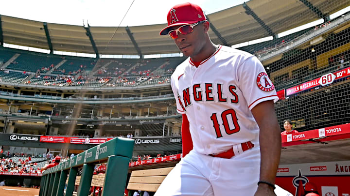 Aug 15, 2021; Anaheim, California, USA;   Los Angeles Angels left fielder Justin Upton (10) takes