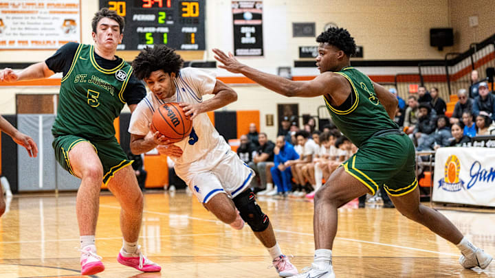 Jan 27, 2024; Tenafly, New Jersey, United States; St. Joseph plays Teaneck in the Bergen County Jamboree boys basketball tournament at Tenafly High School on Saturday afternoon. From left, SJ #5 Anthony Pacciarelli, T #3 Ty Carnegie and SJ #3 Evan Brown. Jan 27, 2024; Tenafly, New Jersey, United States; St. Joseph plays Teaneck in the Bergen County Jamboree boys basketball tournament at Tenafly High School on Saturday afternoon. From left, SJ #5 Anthony Pacciarelli, T #3 Ty Carnegie and SJ #3 Evan Brown.