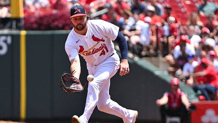 Jul 12, 2026; St. Louis, Missouri, USA; St. Louis Cardinals first baseman Alec Burleson (41) fields a ground ball against the Atlanta Braves during the first inning at Busch Stadium. Mandatory Credit: Jeff Curry-Imagn Images Jul 12, 2026; St. Louis, Missouri, USA; St. Louis Cardinals first baseman Alec Burleson (41) fields a ground ball against the Atlanta Braves during the first inning at Busch Stadium. Mandatory Credit: Jeff Curry-Imagn Images