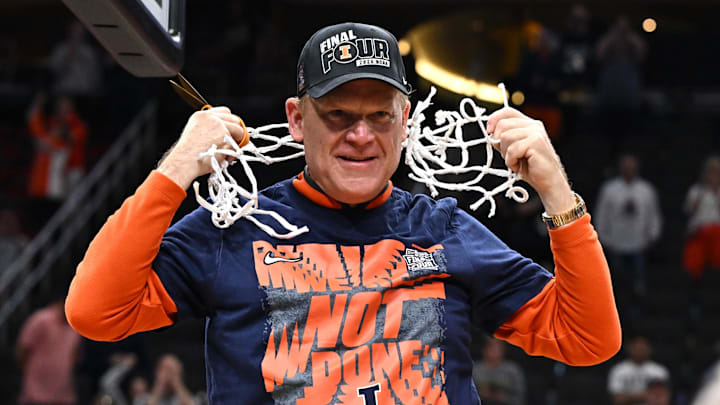 Mar 28, 2026; Houston, TX, USA; Illinois Fighting Illini head coach Brad Underwood celebrates after cutting down the net after defeating the Iowa Hawkeyes in an Elite Eight game of the South Regional of the men's 2026 NCAA Tournament at Toyota Center. Mandatory Credit: Maria Lysaker-Imagn Images Mar 28, 2026; Houston, TX, USA; Illinois Fighting Illini head coach Brad Underwood celebrates after cutting down the net after defeating the Iowa Hawkeyes in an Elite Eight game of the South Regional of the men's 2026 NCAA Tournament at Toyota Center. Mandatory Credit: Maria Lysaker-Imagn Images