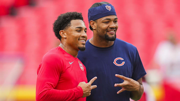 Former Huskies Trent McDuffie of the Kansas City Chiefs and Rome Odunze of the Chicago Bears share an NFL moment. Former Huskies Trent McDuffie of the Kansas City Chiefs and Rome Odunze of the Chicago Bears share an NFL moment.