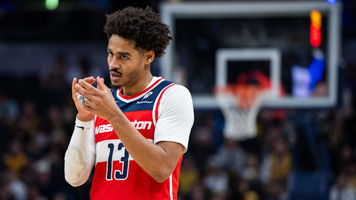 Apr 8, 2025; Indianapolis, Indiana, USA; Washington Wizards guard Jordan Poole (13) in the first half against the Indiana Pacers at Gainbridge Fieldhouse. Mandatory Credit: Trevor Ruszkowski-Imagn Images