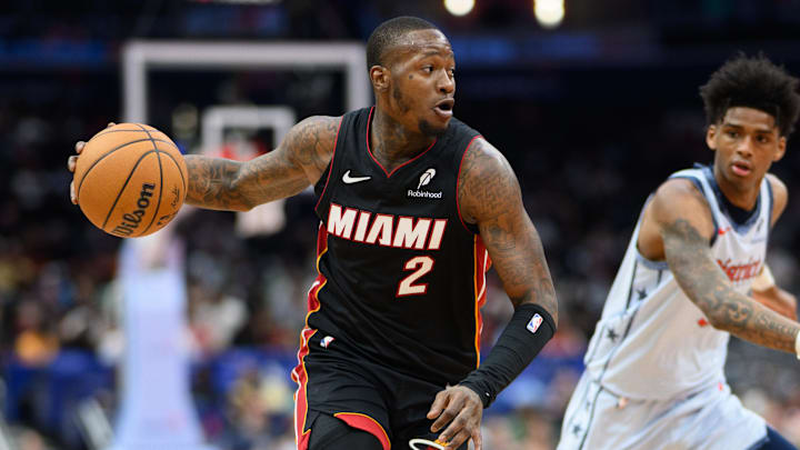 Mar 31, 2025; Washington, District of Columbia, USA; Miami Heat guard Terry Rozier (2) drives to the basket against Washington Wizards guard AJ Johnson (5) during the first quarter at Capital One Arena. Mandatory Credit: Reggie Hildred-Imagn Images
