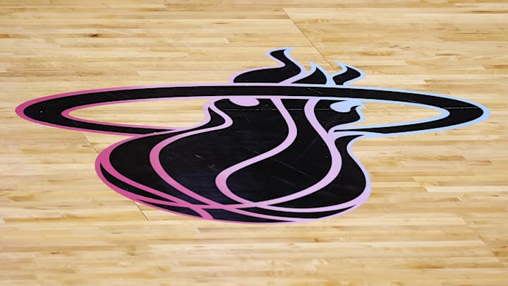 A detailed view of the Miami Heat's "Vice Versa" logo on the court.