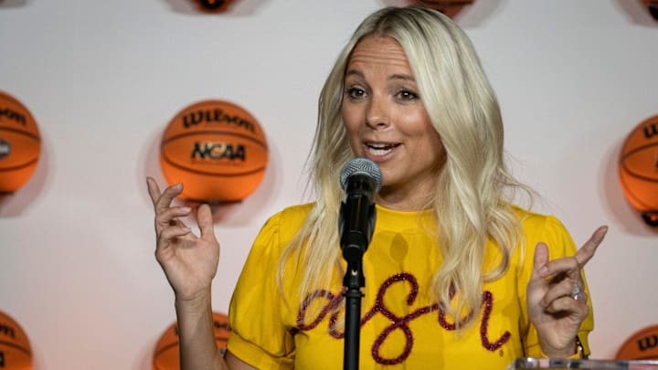 Molly Miller (ASU women’s basketball head coach) speaks during the NCAA Women's Final Four Countdown clock unveiling at Phoenix Sky Harbor Terminal 4 on Aug. 19, 2025.