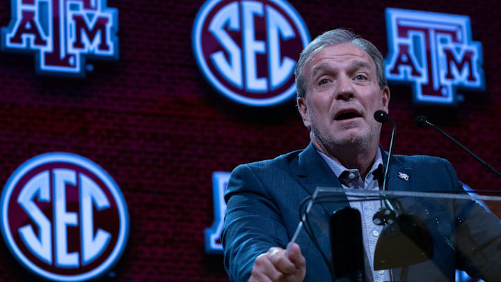 Texas A&M Head Coach Jimbo Fisher addresses the media at the 2023 SEC Football Kickoff Media Days at the Nashville Grand Hyatt on Broadway, Monday, July 17, 2023.