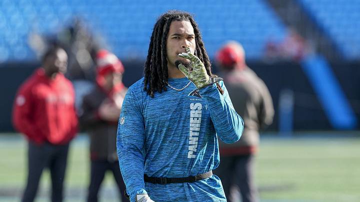 Dec 1, 2024; Charlotte, North Carolina, USA; Carolina Panthers running back Jonathon Brooks (24) during pregame warmups against the Tampa Bay Buccaneers at Bank of America Stadium. Mandatory Credit: Jim Dedmon-Imagn Images