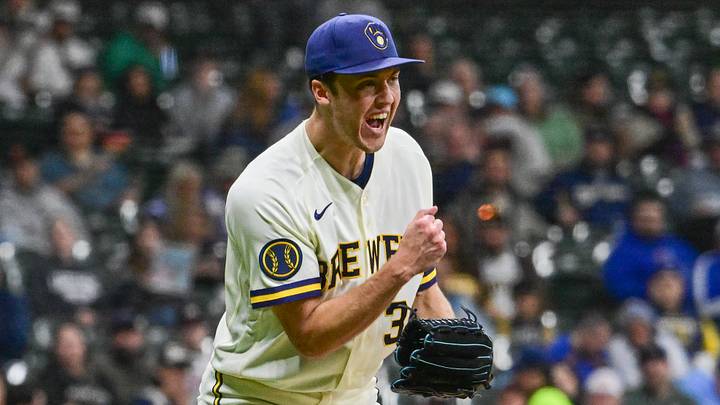 May 13, 2026; Milwaukee, Wisconsin, USA; Milwaukee Brewers starting pitcher Jacob Misiorowski (32) reacts after retiring the side in the seventh inning against the San Diego Padres at American Family Field. Mandatory Credit: Benny Sieu-Imagn Images