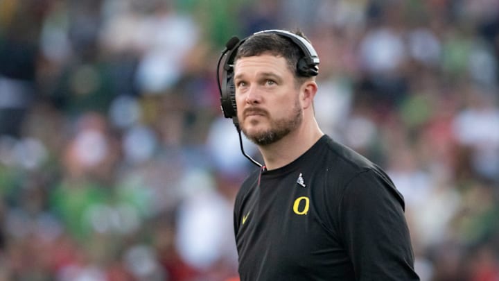 Oregon head coach Dan Lanning looks to the clock towards the end of the first half as the Oregon Ducks face the Ohio State Buckeyes Wednesday, Jan. 1, 2025, in the quarterfinal of the College Football Playoff at the Rose Bowl in Pasadena, Calif.